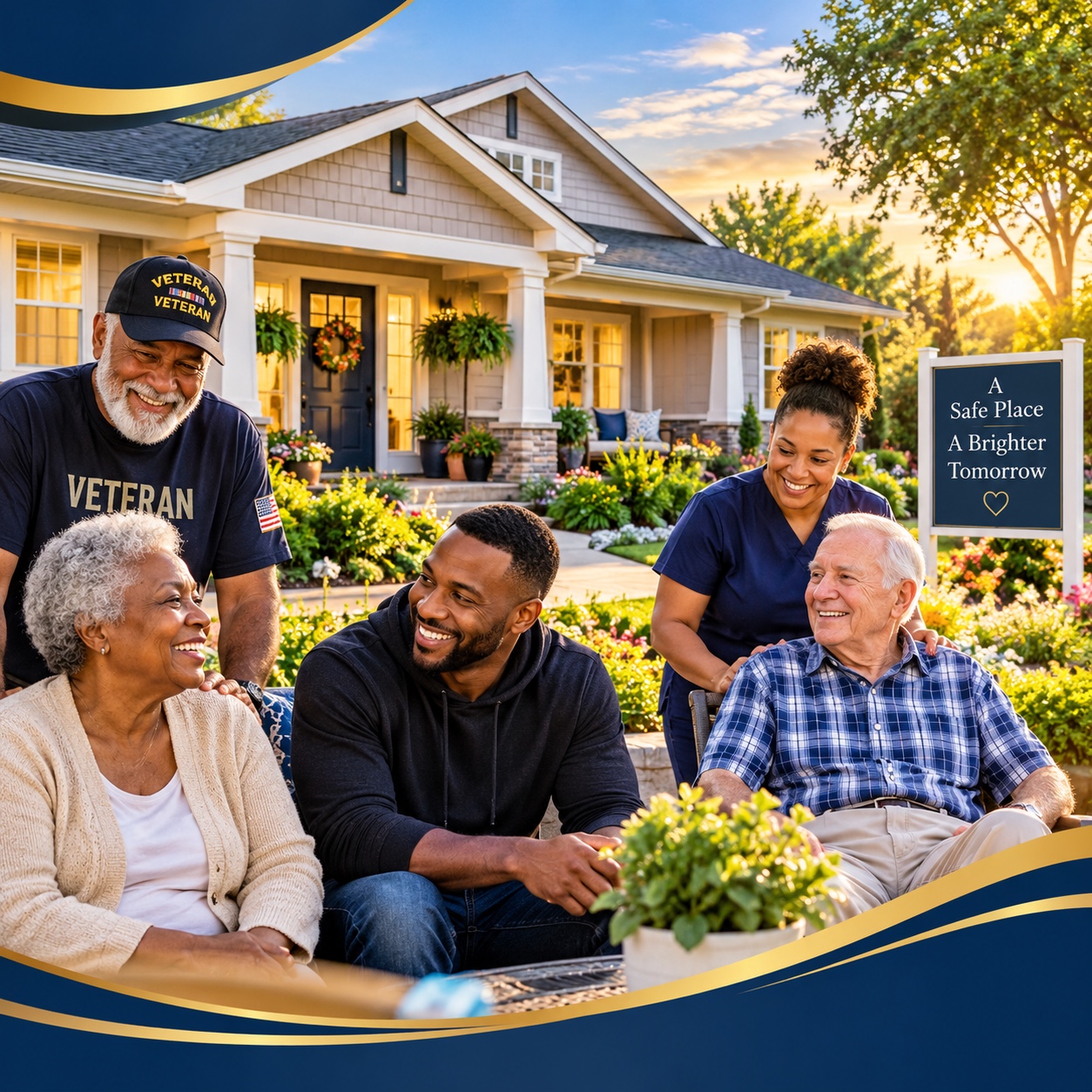 Older adults, a veteran, and community members sharing a warm moment outside a welcoming home
